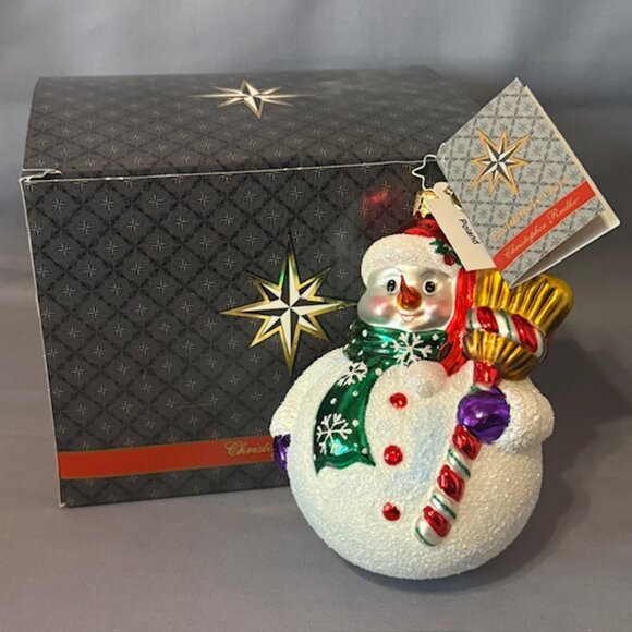Vintage Christopher Radko Christmas Ornament Glass Roly Poly Snowman Box Frosty